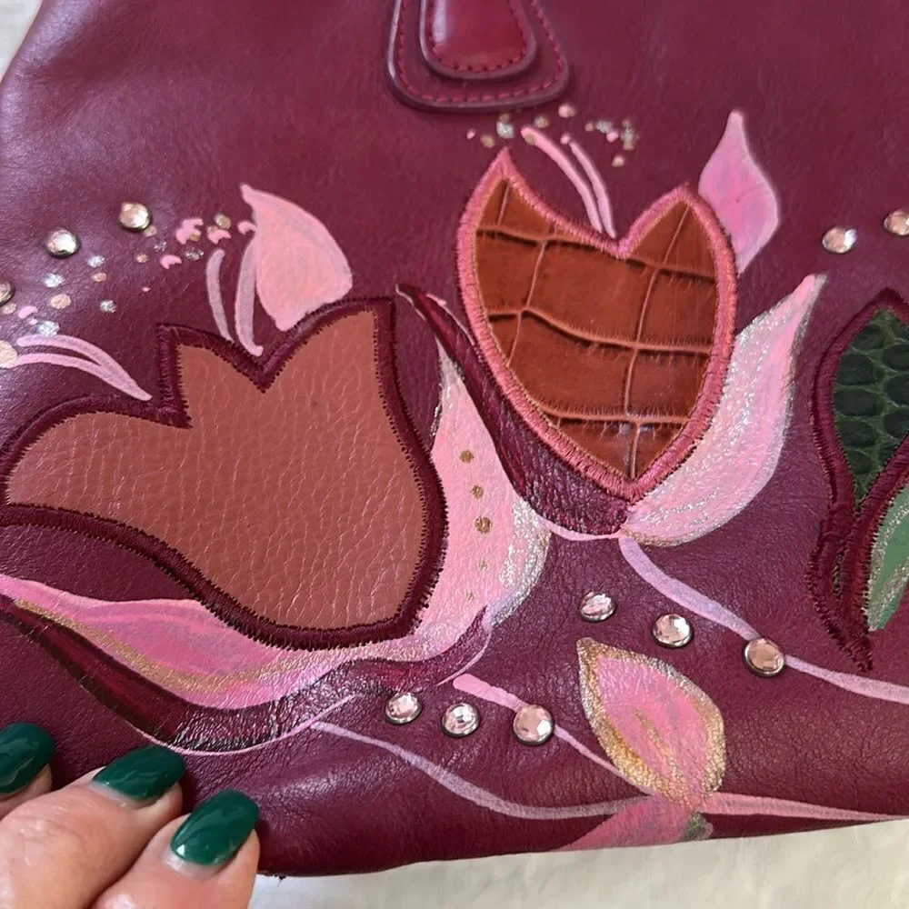 Gianfranco Sisti Floral Embellished Italian Leather Bag Purse Pocketbook